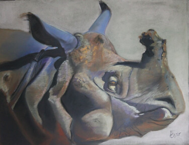 Pintura intitulada "Rhinocéros" por Catherine Costet (Lccat), Obras de arte originais, Pastel