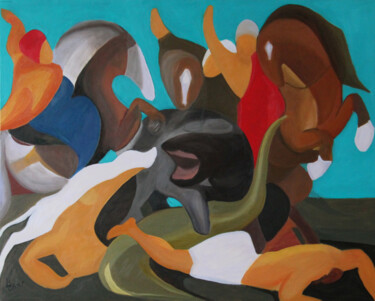 Schilderij getiteld "La chasse à l'hippo…" door Catherine Costet (Lccat), Origineel Kunstwerk, Olie