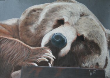Malerei mit dem Titel "La sieste de l'ours…" von Catherine Costet (Lccat), Original-Kunstwerk, Pastell