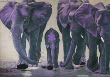 Painting titled "Les éléphants" by Catherine Costet (Lccat), Original Artwork, Pastel