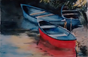 Painting titled "Trois bateaux" by Catherine Delarue, Original Artwork, Watercolor