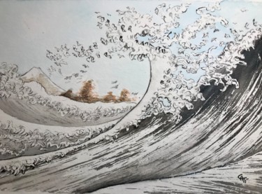 Peinture intitulée ""Mont Fuji vu au-de…" par Catherine Dentz, Œuvre d'art originale, Aquarelle