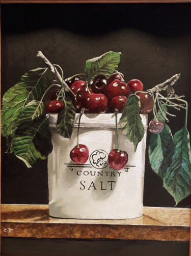 Painting titled "Cerises au sel" by Catherine Digue - Turpin, Original Artwork, Gouache Mounted on Cardboard