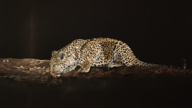 Pintura intitulada "léopard assoiffé" por Catherine Digue - Turpin, Obras de arte originais, Guache