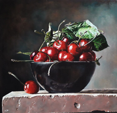 Painting titled "le bol de cerises" by Catherine Digue - Turpin, Original Artwork, Gouache Mounted on Wood Stretcher frame