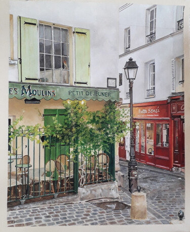 Peinture intitulée "rue Norvins Paris 1…" par Catherine Digue - Turpin, Œuvre d'art originale, Gouache