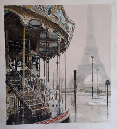 Pintura titulada "Paris sous la neige" por Catherine Digue - Turpin, Obra de arte original, Gouache