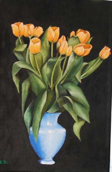 Peinture intitulée "tulipes-au-vase-ble…" par Catherine Digue - Turpin, Œuvre d'art originale