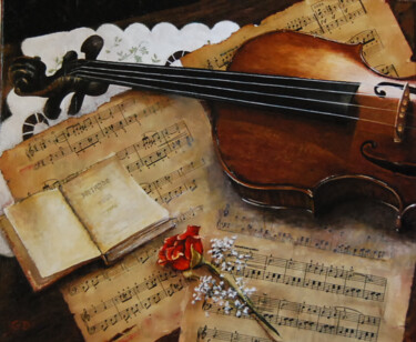 Painting titled "le-violon-et-la-ros…" by Catherine Digue - Turpin, Original Artwork