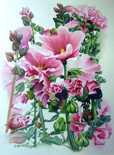 Painting titled "roses-tremieres-de-…" by Catherine Digue - Turpin, Original Artwork, Gouache