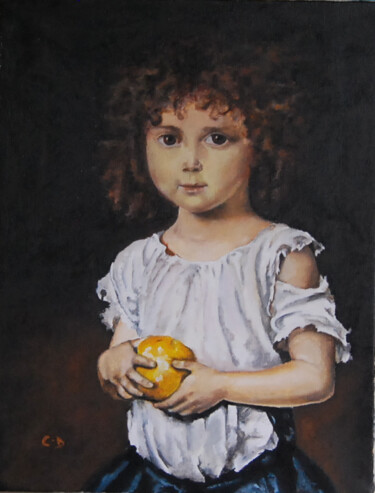 Pintura titulada "l-enfant-a-l-orange…" por Catherine Digue - Turpin, Obra de arte original, Gouache