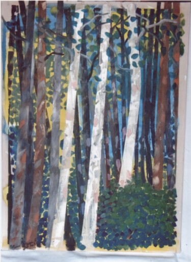 Painting titled ""FORET DE BOULEAUX…" by Catherine Drouin-Goutal, Original Artwork, Oil Mounted on Wood Stretcher frame