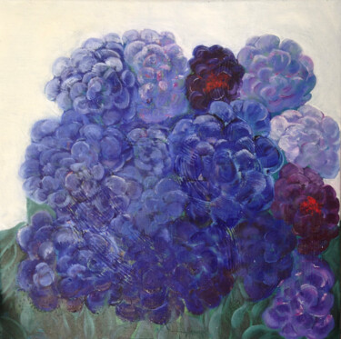 Painting titled ""HORTENSIAS VIOLETS"" by Catherine Drouin-Goutal, Original Artwork, Oil Mounted on Wood Stretcher frame