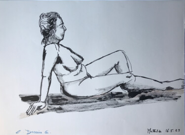 Drawing titled ""Nue au chignon"" by Catherine Drouin-Goutal, Original Artwork, Ink