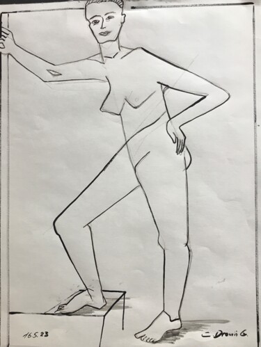Desenho intitulada ""nue debout appuyée…" por Catherine Drouin-Goutal, Obras de arte originais, Tinta