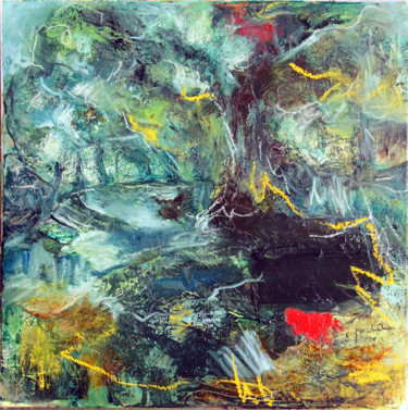 Painting titled "Les eaux sous-bois" by Catherine Duchêne, Original Artwork, Oil Mounted on Wood Stretcher frame