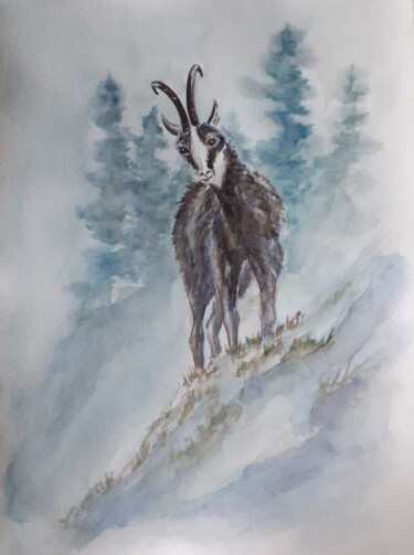 Painting titled "Le chamois" by Catherine Dufrene (Katy), Original Artwork, Watercolor