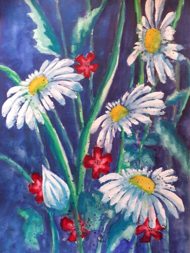 Painting titled "Marguerites bleues" by Catherine Dufrene (Katy), Original Artwork, Watercolor
