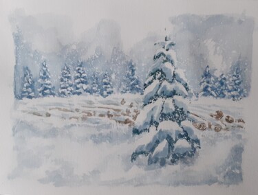 Painting titled "Première neige" by Catherine Dufrene (Katy), Original Artwork, Watercolor