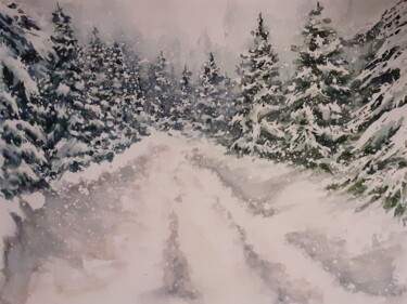 Painting titled "Route enneigée" by Catherine Dufrene (Katy), Original Artwork, Watercolor