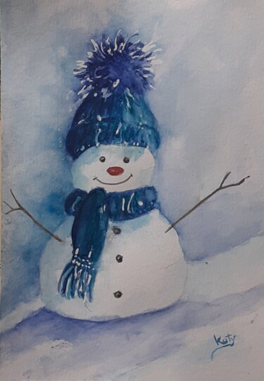 Картина под названием "Bonhomme de neige 2" - Catherine Dufrene (Katy), Подлинное произведение искусства, Акварель