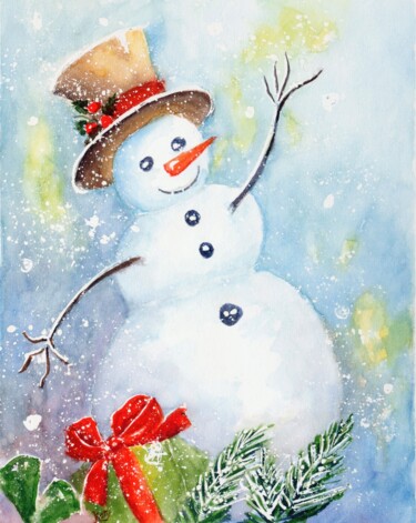 Peinture intitulée "Bonhomme de neige 3" par Catherine Dufrene (Katy), Œuvre d'art originale, Aquarelle