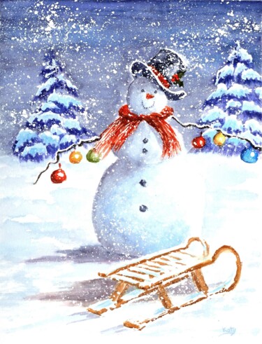 Peinture intitulée "L ami neigeux 1" par Catherine Dufrene (Katy), Œuvre d'art originale, Aquarelle