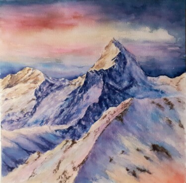 Painting titled "Crépuscule neigeux" by Catherine Dufrene (Katy), Original Artwork, Watercolor