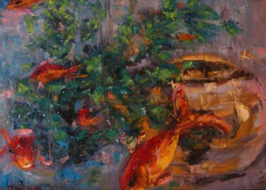 Painting titled "les-poissons-rouges" by Catherine Dufrene (Katy), Original Artwork, Oil