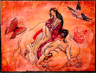 Collages intitolato "Déesse sur éléphant" da Catherine Dussart, Opera d'arte originale, Acrilico Montato su Pannello di legno