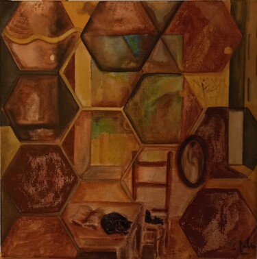 Painting titled "Intérieur/Tomettes" by Catherine Fabre, Original Artwork, Oil Mounted on Wood Stretcher frame
