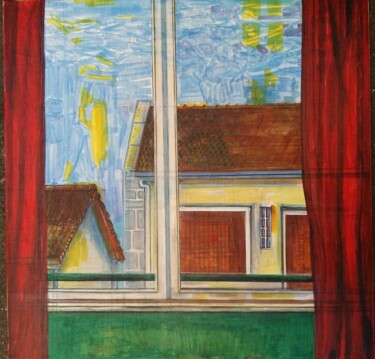 Painting titled "Fenêtre,rue Jouve" by Catherine Fabre, Original Artwork, Marker Mounted on Wood Stretcher frame