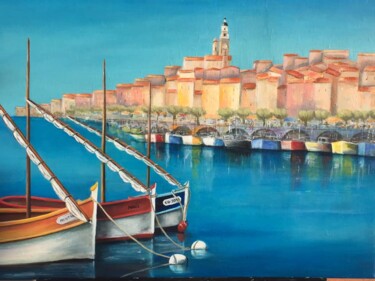 Painting titled "Menton" by Catherine Gillion, Original Artwork, Oil Mounted on Wood Stretcher frame