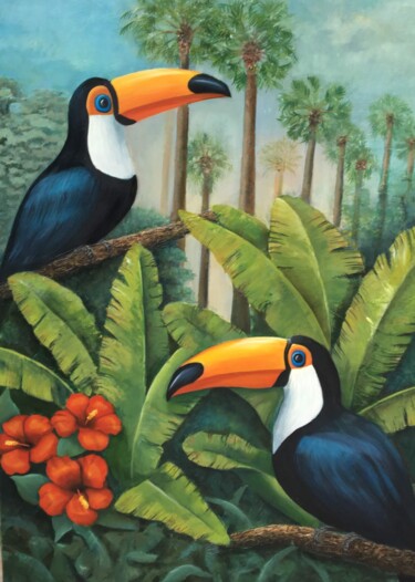 Painting titled "TOUCANS" by Catherine Gillion, Original Artwork, Acrylic Mounted on Wood Stretcher frame