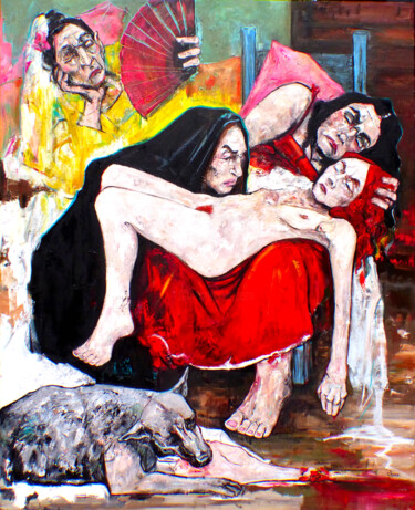 Painting titled "Pietà" by Catherine Haro, Original Artwork, Oil Mounted on Wood Stretcher frame