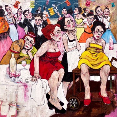 Painting titled "The Party" by Catherine Haro, Original Artwork, Oil Mounted on Wood Stretcher frame