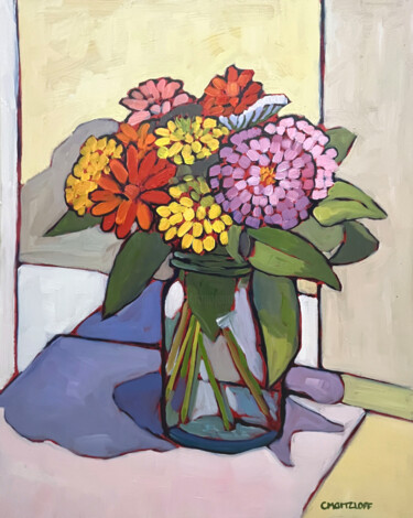 Painting titled "Zinnias" by Catherine J. Martzloff, Original Artwork, Oil