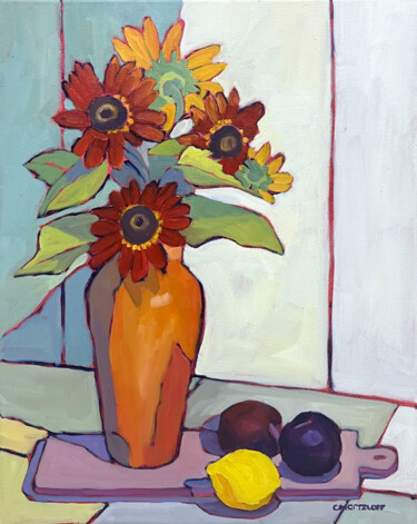 绘画 标题为“Sunflowers for a Se…” 由Catherine J. Martzloff, 原创艺术品, 油 安装在木质担架架上