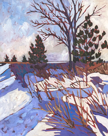 Painting titled "A Snowy Crossing" by Catherine J. Martzloff, Original Artwork, Oil Mounted on Wood Stretcher frame