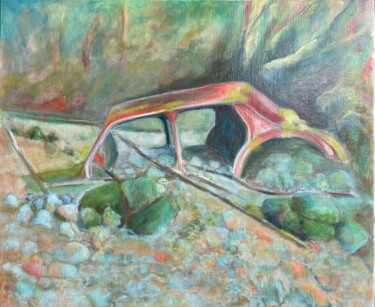 La 4CV au ruisseau Peinture intitulée "La 4CV au ruisseau" par Catherine Jorrot Mingasson, Œuvre d'art originale, Huile
