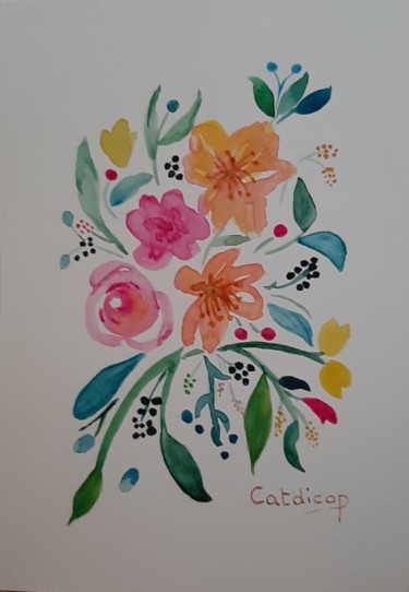 Peinture intitulée "Bouquet Coloré 001" par Catdicop, Œuvre d'art originale, Aquarelle