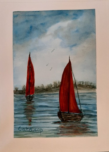 Painting titled "Voiliers rouges 001" by Catdicop, Original Artwork, Watercolor