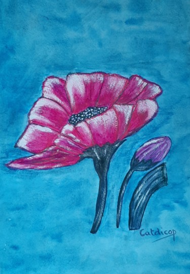 Painting titled "Fleur Rose 001" by Catdicop, Original Artwork, Watercolor