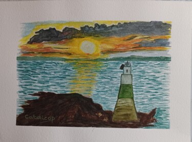 Painting titled "Coucher de Soleil a…" by Catdicop, Original Artwork, Watercolor