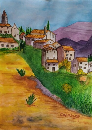 Painting titled "Village Provencale" by Catdicop, Original Artwork, Watercolor
