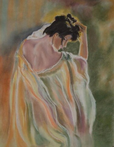 Dessin intitulée "Femme se coiffant" par Catherine Lacroix, Œuvre d'art originale, Pastel