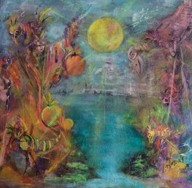 Painting titled "l’ile imaginaire" by Catherine Lesueur (C.Lesueur), Original Artwork, Acrylic Mounted on Wood Stretcher fra…