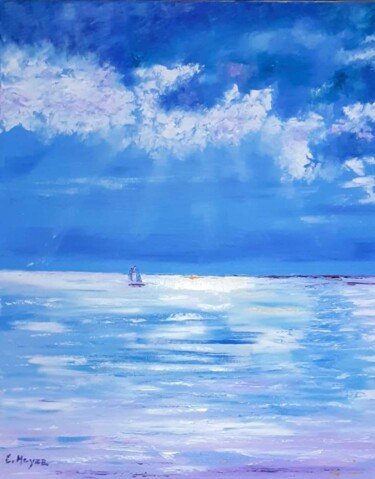 Painting titled "Mer bleue" by Catherine Meyza, Original Artwork, Oil