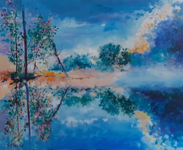 Painting titled "Brume matinale" by Catherine Meyza, Original Artwork, Oil Mounted on Wood Stretcher frame