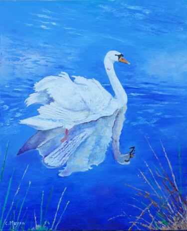 Painting titled "Le cygne" by Catherine Meyza, Original Artwork, Oil Mounted on Wood Stretcher frame